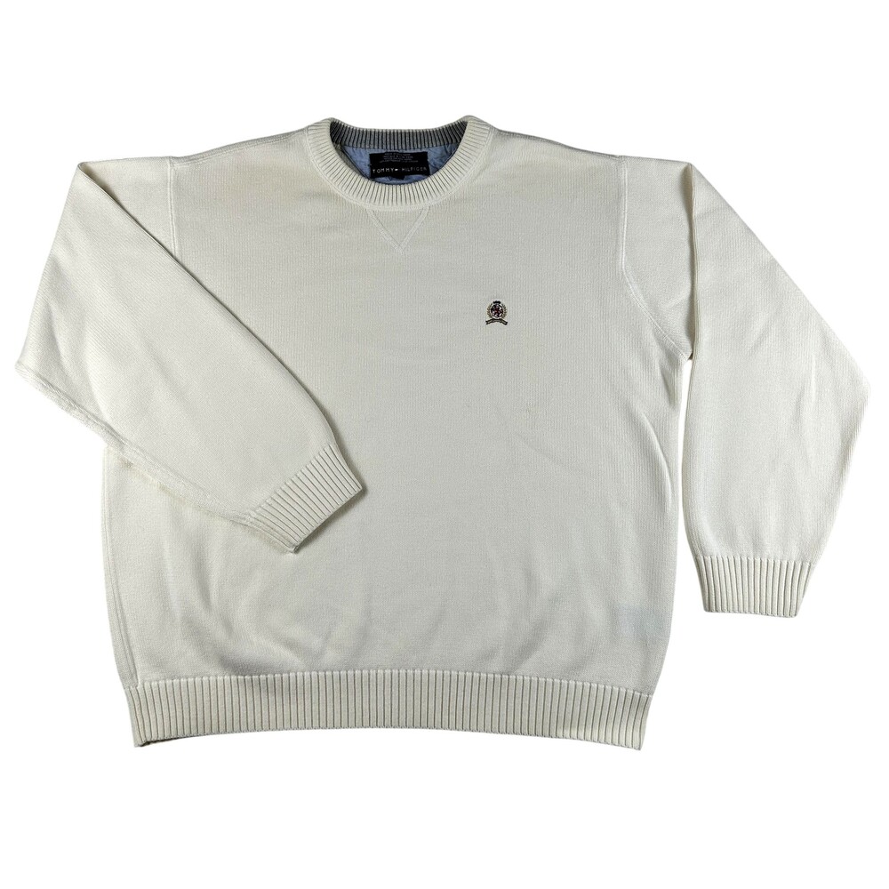 Tommy Hilfiger Sweater Mens XL White Knit Crew Neck Crest Logo Pullover Cotton